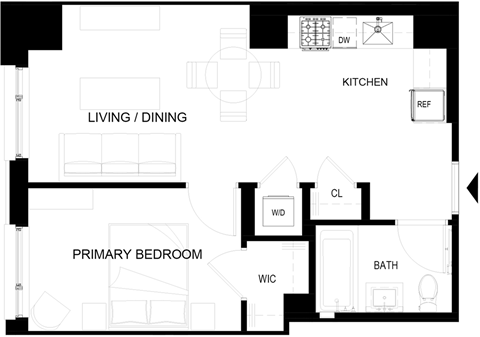 Floor plan for 1 bed, 1 bath, 504 sqft